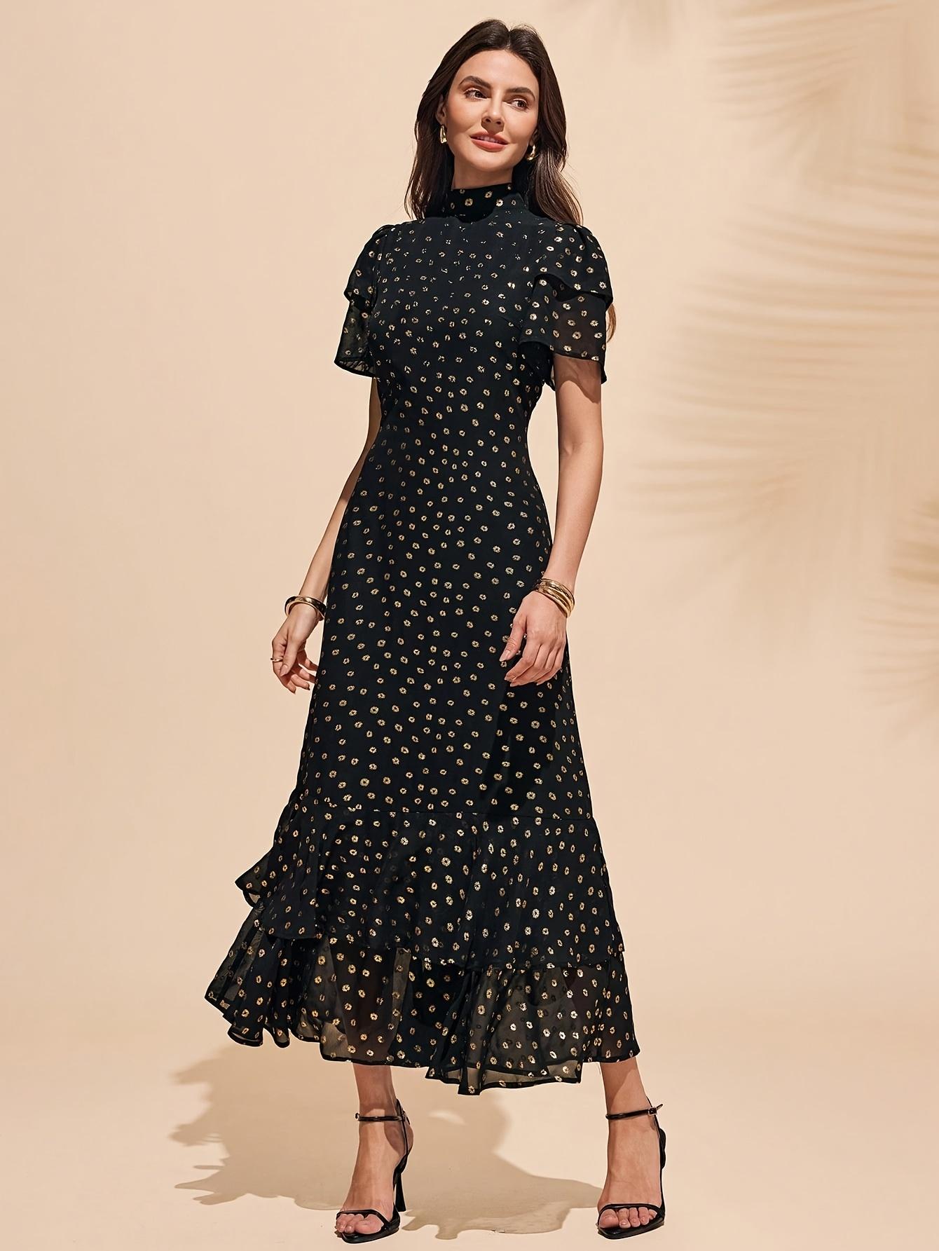 Women Fashion Ideas - Elegant Ladies Gold Embossed Chiffon Dress
